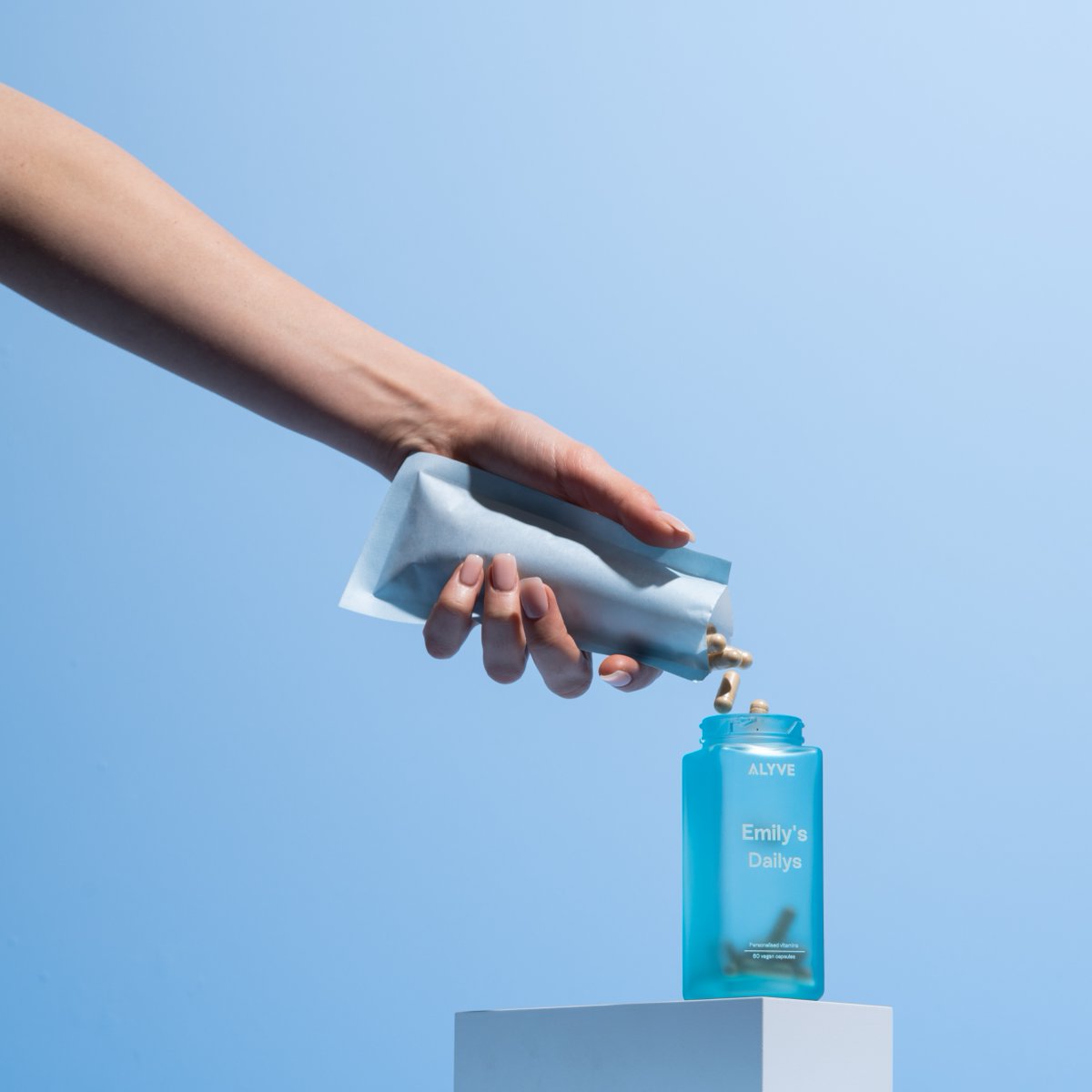 AlyveWellness's tweet photo. Blue's just gone Green ♻️ 
With our relaunch of Alyve 2.0 just around the corner, you'll now receive a reusable glass bottle, followed by biodegradable top up sachets every month after 🥳
​
#AlyveWellness ​#WellbeingYourWay https://t.co/PTCMTX4Kp3