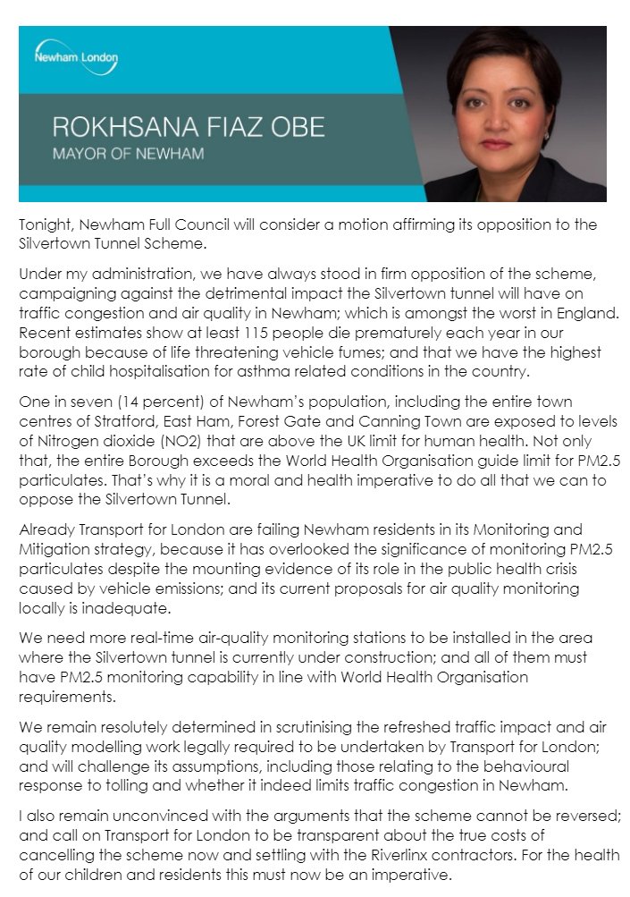 Tonight, Newham Full Council considers a motion affirming its opposition to the Silvertown Tunnel Scheme. My statement: