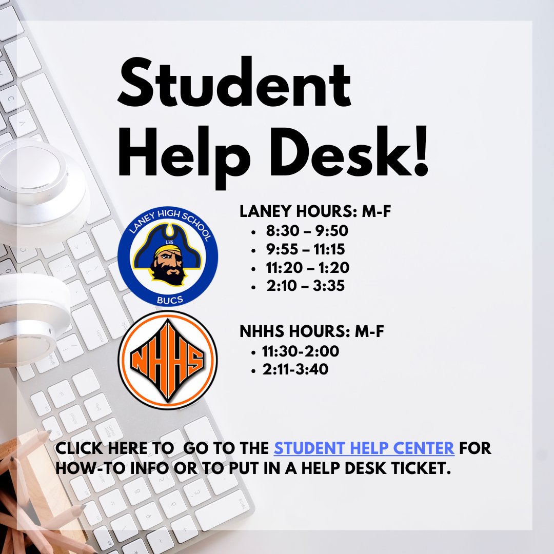 NHCSTechDept's tweet image. Hey @LaneyHighSchool &amp;amp; @NewHanoverHS Did you know you have a Student Helpdesk on site located in the Media Center? Students needing help with their devices can stop by to get help with their 1:1 devices from one of the student interns! #studenthelpdesk @NewHanoverCoSch