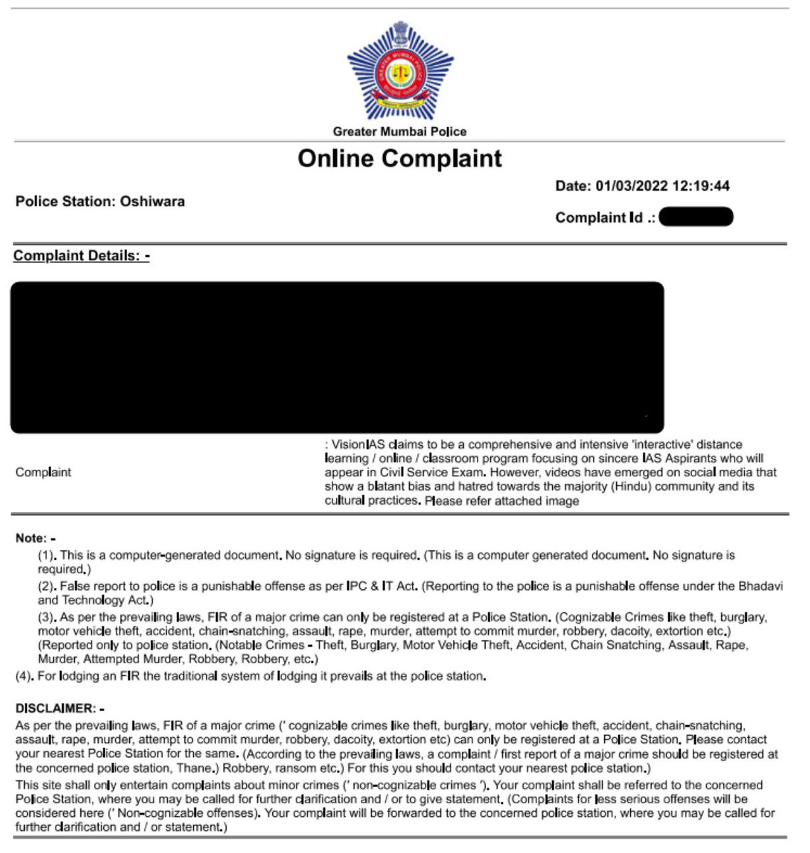 TStormChasers's tweet photo. #TeamStormChasers has filed an FIR as well a Cyber Complaint against @Vision_IAS &amp; its 3 faculty members namely,Smriti Shah,Ashish &amp; Himanshu Kahtri for defaming and mocking Hindu Dharma In Online Training Video, which is h@teful and pr0v0c@tive. https://t.co/Ip8JXRd5pW