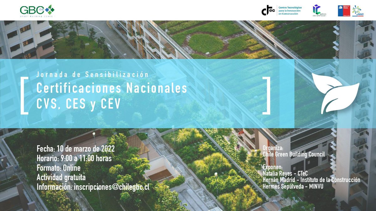 Participa de la Jornada de Sensibilización Certificaciones Nacionales: CVS , CES y CEV organizado por <a href="/ChileGBC/">Chile Green Building Council</a> el día 10 de marzo.

🗓️10 de marzo/ 09:00 a 11:00 hrs.
✅Inscripciones:  ow.ly/nlmn50HFKL7