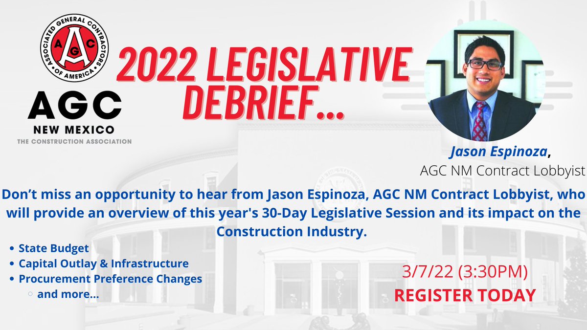 Join us at Bow and Arrow Brewing Co. to hear Jason Espinoza provide an overview of this year's Legislative Session and it's impacts on the Construction Industry!

Register today - space is limited!
lnkd.in/eNW5dtnr