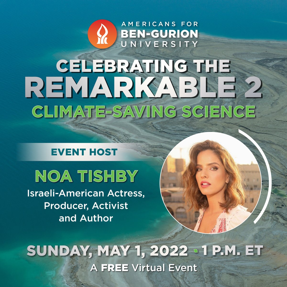 Join us, <a href="/A4BGU/">Americans for Ben-Gurion University</a> &amp; Israeli star <a href="/noatishby/">Noa Tishby</a> for a FREE virtual event to remember! Tune in on May 1 for Celebrating the Remarkable 2 &amp; learn about the #ClimateSavingScience coming from Israel &amp; BGU that is changing the world ❤️🌏 americansforbgu.org/events/ctr2