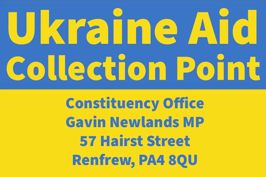 After speaking to Cllr John Shaw &amp; Renfrewshire Polish community members collecting urgent supplies for those in need in/from #Ukraine, we have agreed that my Hairst St office will be used as a drop-off point.
My office is open 9-5 Mon-Fri, though, will be closed this Thurs. 1/6