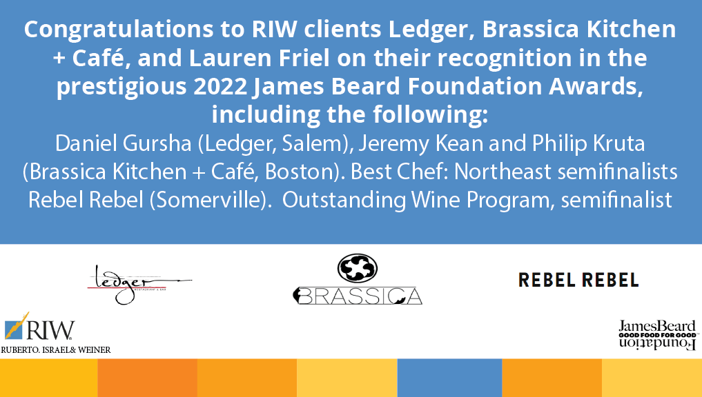Congratulations to RIW clients Ledger, Brassica Kitchen + Café, and Lauren Friel on their recognition in the prestigious 2022 James Beard Foundation Awards. 
boston.eater.com/2022/2/23/2294…