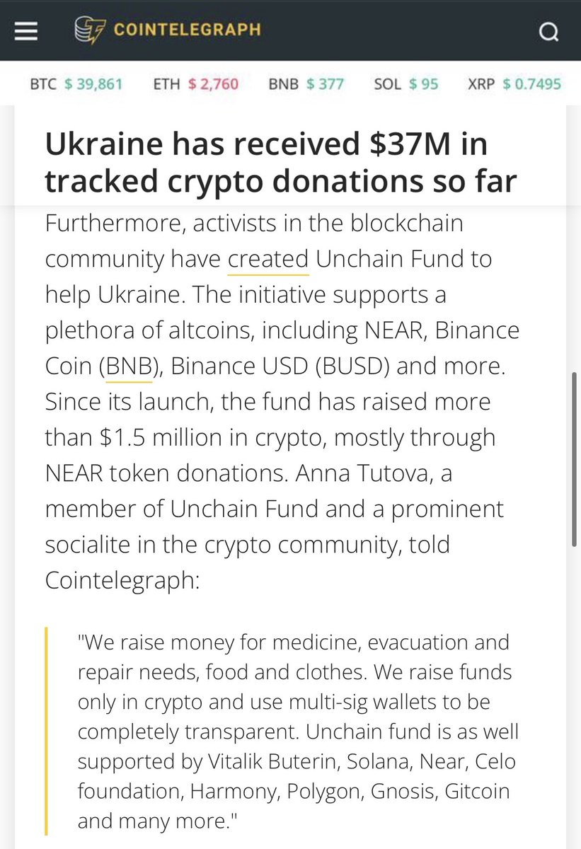 anna_tutova's tweet image. Crypto comes as a powerful mean to raise donations from all over the world: 37M$ of crypto donations sent to Ukrainian government, military and charities🇺🇦

Sharing with @Cointelegraph the activity of @Unchainfund, which raised 1.5M$+ in crypto donations! cutt.ly/0AepO9e