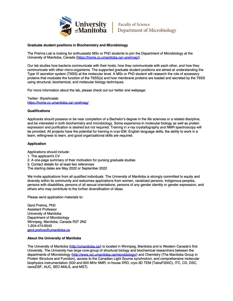 prehnalab's tweet photo. Our lab has graduate student positions available at the MSc and PhD level. Come study T6SS protein structure and dynamics with us! Please RT and share! https://t.co/2GPQ0Pv2lk