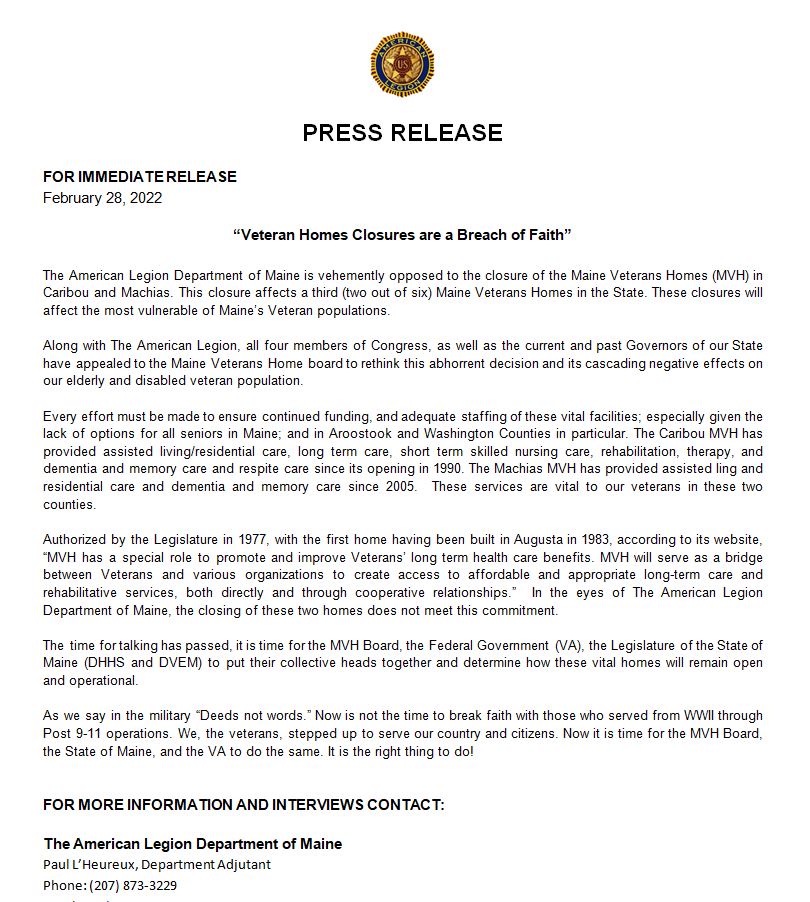 American Legion Department of Maine (@legionmaine) on Twitter photo Please contact the American Legion Department of Maine if you would like to conduct an interview regarding the closures. Contact information is at the bottom of the Press Release. <a href="/americanlegion/">The American Legion</a> Please contact the American Legion Department of Maine if you would like to conduct an interview regarding the closures. Contact information is at the bottom of the Press Release. <a href="/americanlegion/">The American Legion</a>