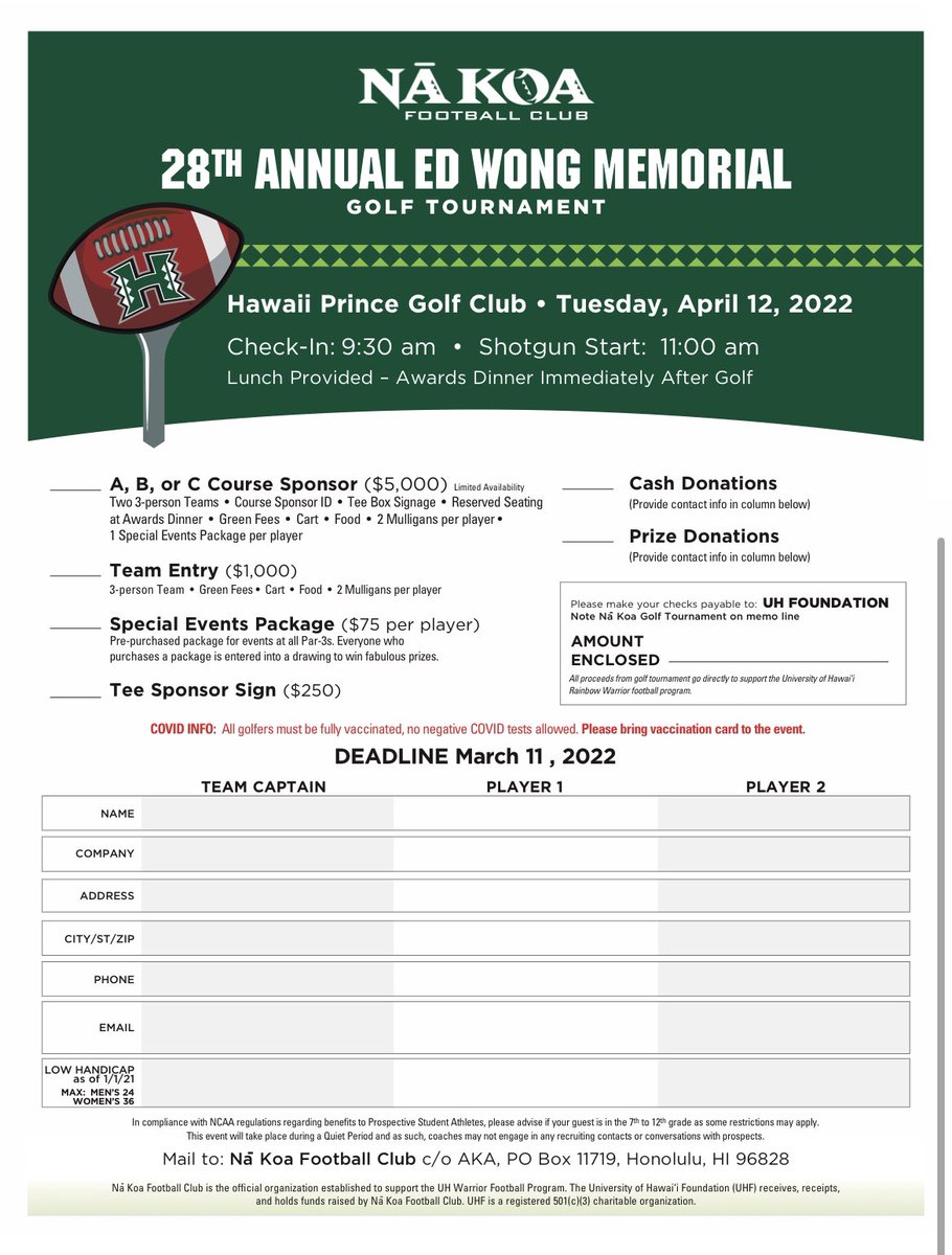 CoachTimmyChang's tweet photo. My staff and I would love to meet you all, play some golf, eat good food, talk story! Great way to have some fun and support UH Football! Mahalo! See you out there! 🤙🏼 https://t.co/qU411auBZW