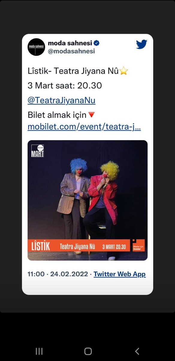 3'yê Adarê  promiyera  lîstika me ya bi navê "Lîstik" saet 20:30'ande li Kadıköy  <a href="/modasahnesi/">moda sahnesi</a> wê li pêşberî  we be. Keremkin🙃

<a href="/TeatraJiyanaNu/">Teatra Jiyana Nû</a>  <a href="/seymeorg/">SEYME Organizasyon</a>