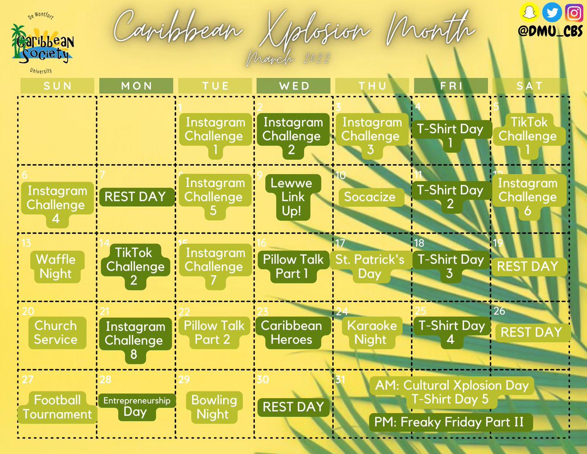 FAMALAYYYYYYY!!🔊🔊🔊🔊
DMU CBS Caribbean Xplosion Month kicks off tomorrow with our 1st Instagram Challenge! 🕺🏾💃🏽

See our calendar of events and be sure to participate! The events are not only for CBS members. Share it with your flatmates, classmates, and others.