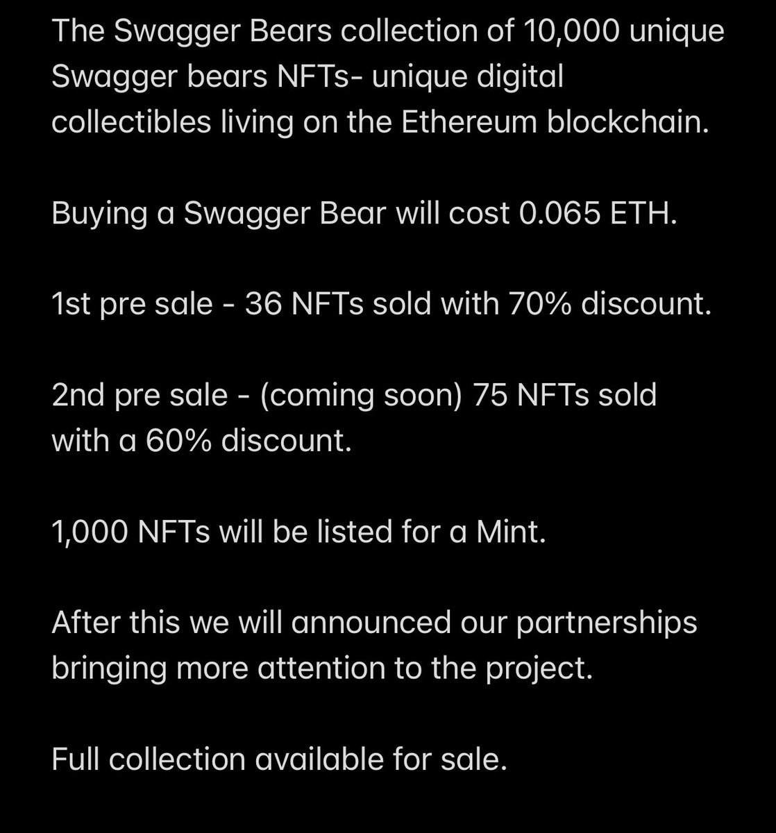 swaggerbear_nft's tweet photo. Presale of 36 randomly picked Swagger Bears is now LIVE. This is our way to get our early supporters profit for their support. More details below. 
Like ✅ Follow ✅ and Retweet ✅ for a chance to win a Bear. #swaggerbearsnft #NFTCollection #NFTGiveaway https://t.co/xBnU5jwE7R