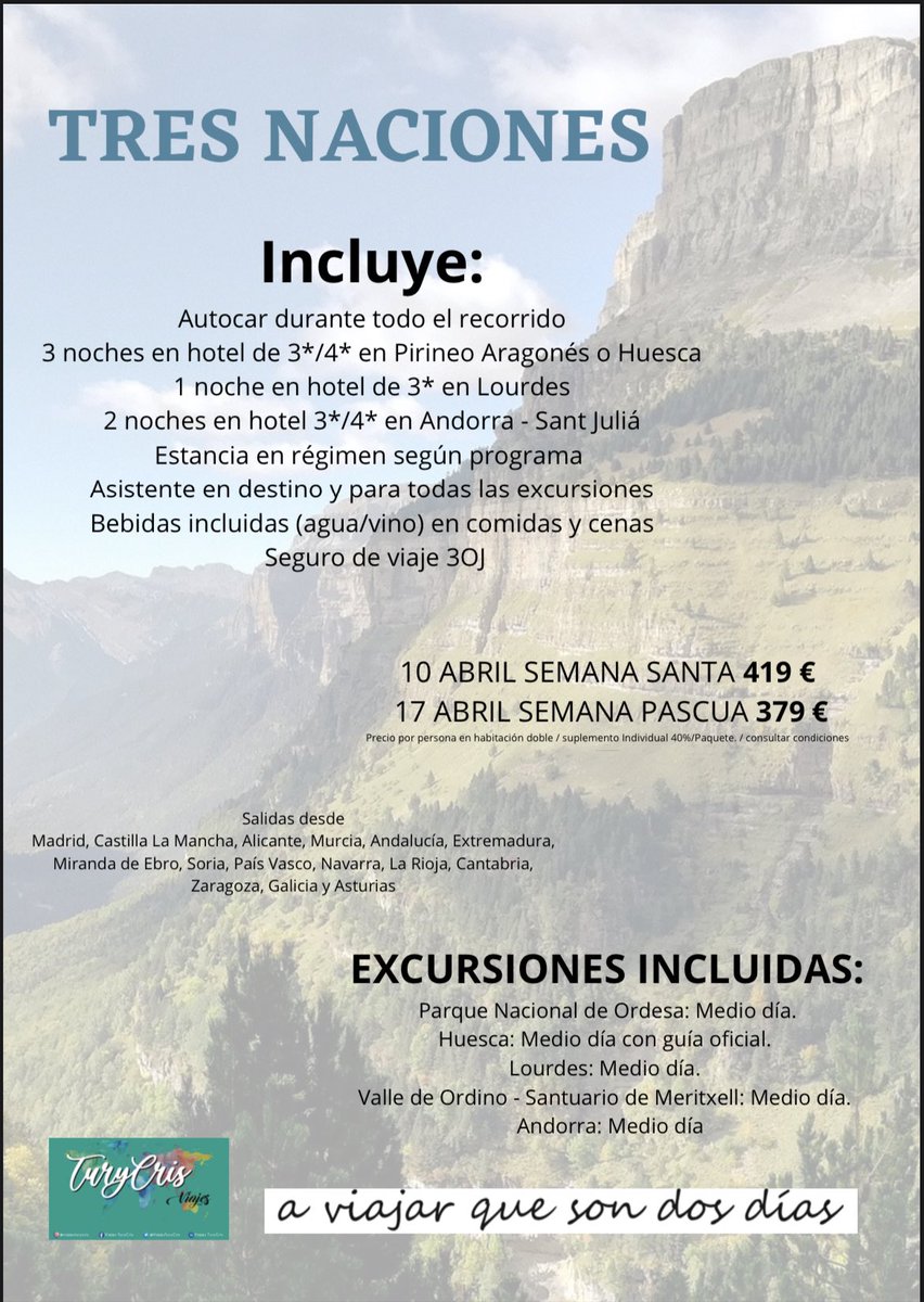 ViajesTuryCris's tweet image. ✈️🌏 40 días para Semana Santa, días que pasan volando…como las plazas de estas súper ofertas que no podéis dejar escapar 🤭

➡️ Podéis consultar sin compromiso en el 📲628733335 o por 💻 info@viajesturycris.com

#viajesturycris #aviajarquesondosdías