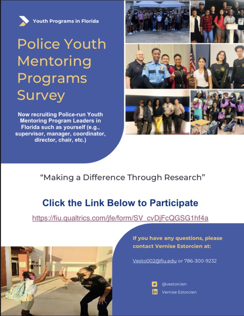 vestorcien's tweet image. Positive police youth relationship is at the core of my research study! Please consider sharing or taking the survey below if you qualify. #policing #youthprograms #programleaders #explorers #DARE #PAL #BigsinBlue