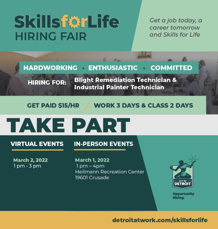 Only two more Skills For Life events left before the hiring fair ends!
#TakePart and get a job today that will equip you for a successful career tomorrow! 

Zoom: cityofdetroit.zoom.us/j/459823116S?p…

Meeting ID: 4598231165
Passcode: 48226

For more information, visit detroitatwork.com/skills-life-ev…