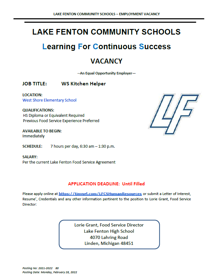 LakeFentonWSES's tweet photo. Join our team! Check out the posting below for more information.
#LFLeads https://t.co/GKAOH0jzst