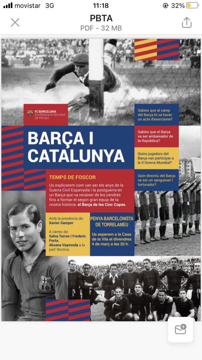aquest proper divendres, en el marc de la setmana cultural, la Penya Barcelonista us convida a la xerrada "Barça i Catalunya: Temps de Foscor", amb Xavier Gamper, Frederic Porta i Salva Torres. La cita és a les 20h a la Sala d'actes de la casa de la Vila. No us la perdeu!
