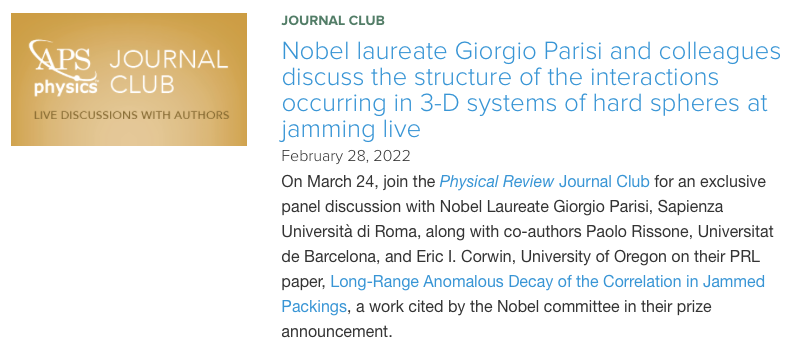 PhysRevLett's tweet photo. #PRLjournalclub
Please join us on March 24, 2022 12p EDT for a live discussion with the authors:
Nobel laureate Giorgio Parisi and colleagues discuss their Letter 
"Long-Range Anomalous Decay of the Correlation in Jammed Packings"
https://t.co/YyA4LWtwjs https://t.co/GLjBPtFzQG