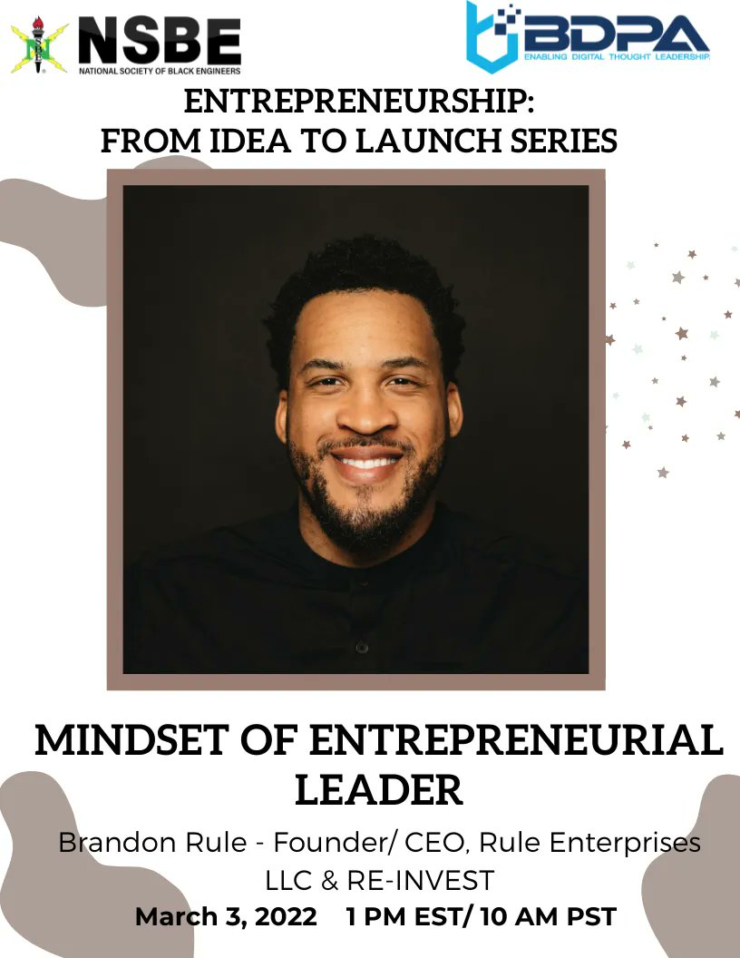 BDPA and NSBE have partnered to create an experience for aspiring Entrepreneurs: "Entrepreneurship: From Idea To Launch." 
The first talk is 3/3, at 1PM EST. To register for the event, use the link: tinyurl.com/BDPANSBE For the program, use the link: tinyurl.com/FITLSX