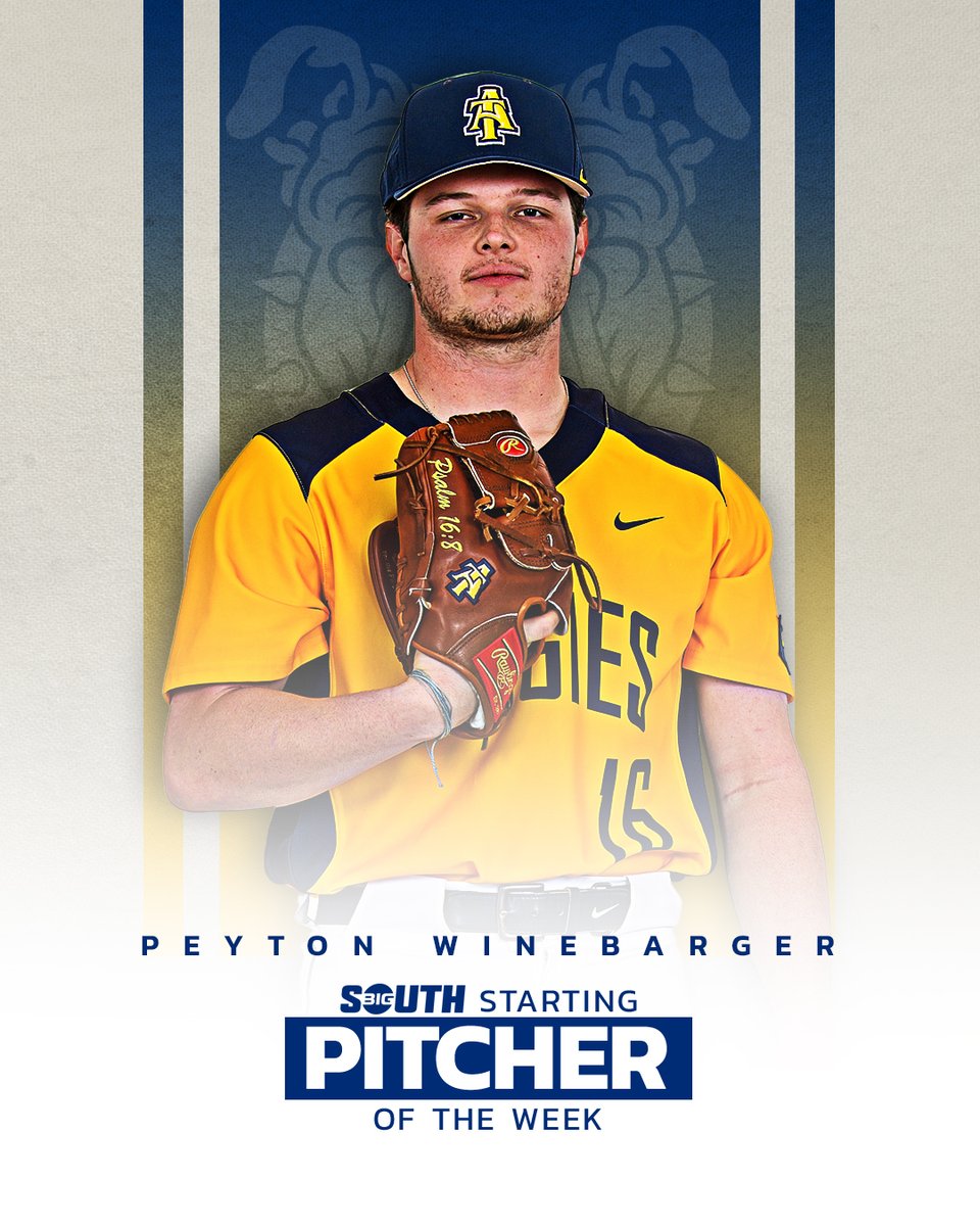 BigSouthSports's tweet photo. He struck out 🔟 and blanked UMass Lowell for seven innings!

@NCAT_Baseball's Peyton Winebarger is the #BigSouthBase⚾ Starting Pitcher of the Week! https://t.co/P3MLG3pV0J