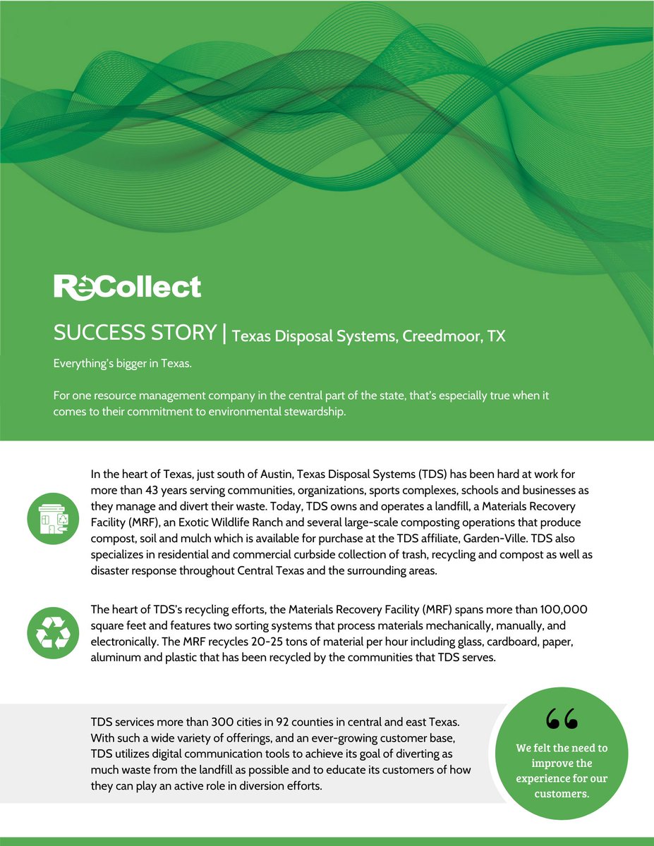 With the help of the waste wizard, collection calendar, sorting game, and mobile app, Texas Disposal Systems (TDS) increased the neighborhoods, municipal utility districts (MUDs), and cities they service,... learn.recollect.net/case-study-tds

#wastehauler #privatehauler #TDS #texasdisposal