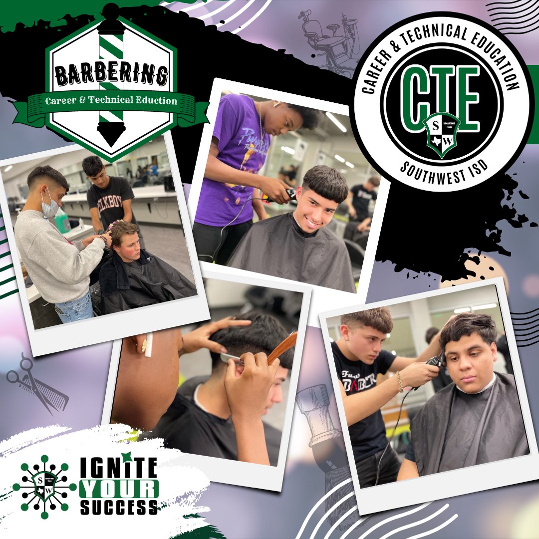 swisd's tweet image. We are wrapping up National CTE Month but we always offer an array of CTE courses! The Barbering program of study
introduces CTE learners to knowledge and skills related to providing beauty and personal care services. Students can also earn a Barbering Operator License.