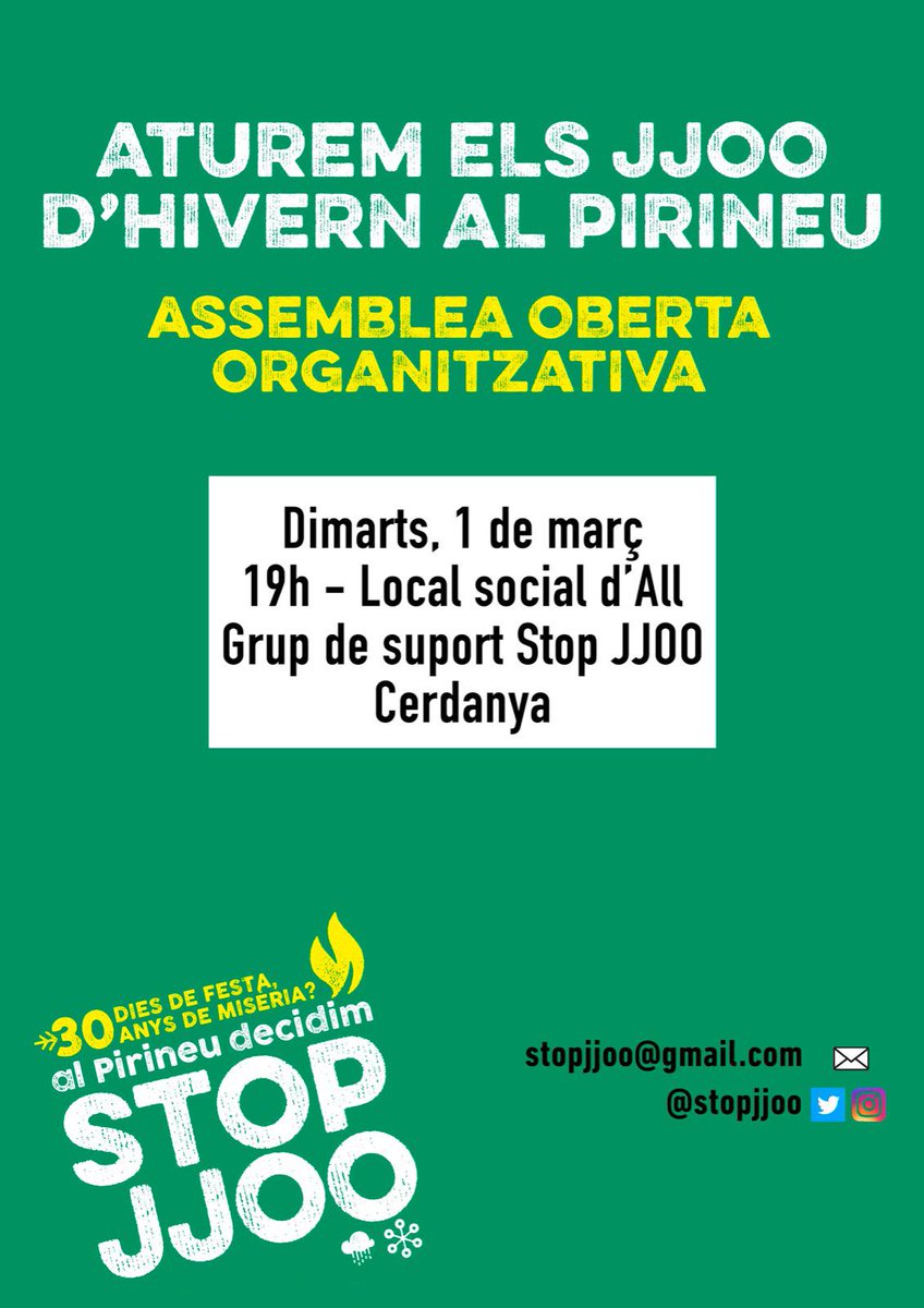 👥 Demà a les 19h assemblea oberta al local social d'All (#Cerdanya) per fer front al Jocs Olímpics d'hivern al #Pirineu.

❌ Aquests JJOO no s'aturen sols. Vine i participa. Organitzem-nos!

#StopJJOO