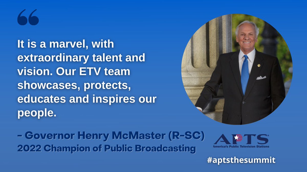 aptstweet's tweet photo. 2022 Champion of Public Broadcasting @henrymcmaster commends @SCETV for their magnificent performance.
South Carolina's public educational broadcasting network became the first state in the nation to leverage #datacasting for remote education. #aptsthesummit https://t.co/nxuEAYfP67