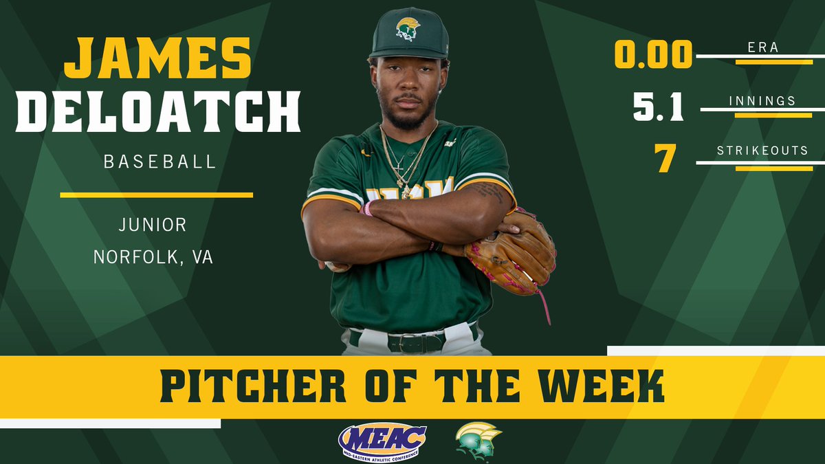 🚨 Player of the Week Alert 🚨

James Deloatch of <a href="/SpartanBSB/">Norfolk State Baseball</a> was selected MEAC Pitcher of the Week!

📰🔗⤵️
nsuspartans.com/news/2022/2/28…

#SpartanStrong 💪