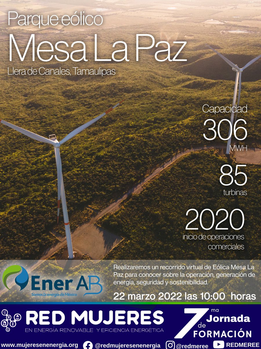 En la 7ma Jornada de Formación #REDMEREE: Industrial &amp; Power Plant Journey nos acompaña <a href="/aes_mx/">AES México</a> quien nos llevará de la mano a la visita virtual al parque eólico Mesa La Paz. Inscríbete a este evento online para mujeres y hombres en: mujeresenergia.org/hoja-de-ruta
