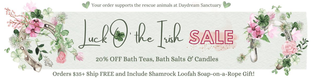 🍀 Shop our Luck o' the Irish sale to save 20% on all of our popular handmade bath teas, bath salts and soy candles 🛀 🌈 Treat yourself & help the rescues at Daydream Sanctuary 🐾 Visit: etsy.me/3tgIawv #etsy#etsyfinds #StPatricksDay #giftideas #shopsmall