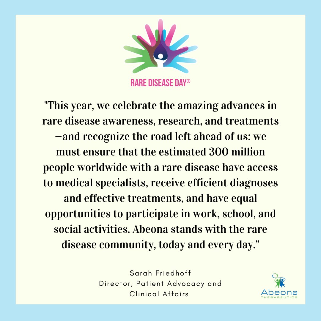 Today is national #RareDiseaseDay! Did you know approximately 1 in 10 people in the US suffer from a rare disease? Join us in recognizing all those impacted by #raredisease on this important day. 

#AbeonaSupports #AbeonaTherapeutics