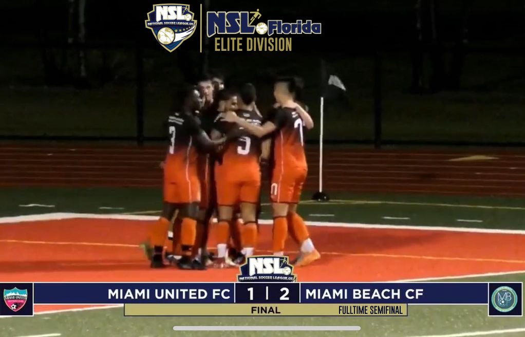 NSL NEWS
NATIONAL SOCCER LEAGUE US
NSL FLORIDA
ELITE::CHAMPIONSHIP::SEMIFINAL
SUNDAY FEBRUARY 27 2022
Kickoff 8:00 PM
Monsignor Edward Pace HS Stadium
Miami Gardens FL
MIAMI UNITED FC ::1:: MIAMI BEACH CF ::2::

<a href="/NSLSoccerLeague/">NationalSoccerLeague US</a>
<a href="/NSLFlorida/">NSL Florida</a>
<a href="/miamiunitedfc/">MIAMI UNITED F.C.</a>
<a href="/miamibeachcf/">Miami Beach CF</a>
#NSLSoccer