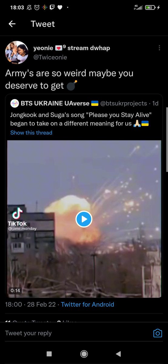 yoongischoppa's tweet photo. Actually let me put this into a thread so that I can bookmark later, of stan Twitter idiots that are living COMFORTABLY in their suburban homes attacking and policing a Ukrainian army that is currently living through trauma and a war because they used a Bts song to help them cope https://t.co/bFmNRuarAP