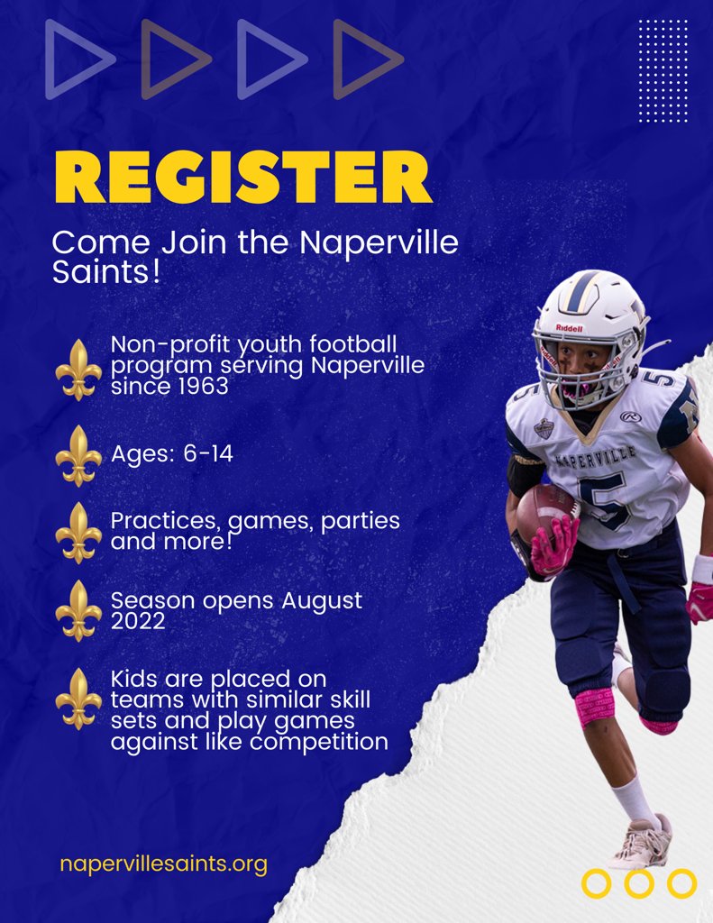 Naperville Saints Football (@napervillesnts) on Twitter photo Still a few more weeks to register for <a href="/NapervilleSnts/">Naperville Saints Football</a> football and get the early bird discount! It's a little #closertofootballseason!
napervillesaints.org/page/show/3912… Still a few more weeks to register for <a href="/NapervilleSnts/">Naperville Saints Football</a> football and get the early bird discount! It's a little #closertofootballseason!
napervillesaints.org/page/show/3912…
