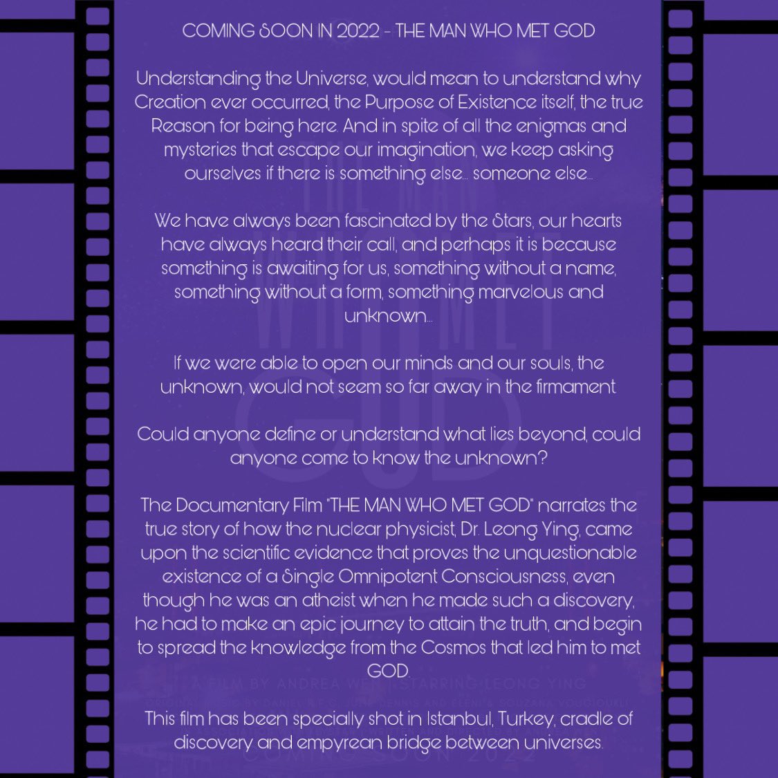 B3YONDproduced's tweet photo. COMING SOON IN 2022 - THE MAN WHO MET GOD🎬

If we were able to open our minds and our souls, the unknown, would not seem so far away in the firmament.

Could anyone define or understand what lies beyond, could anyone come to know the unknown?

#TheManWhoMetGOD #b3yond https://t.co/uFHxj0FajR