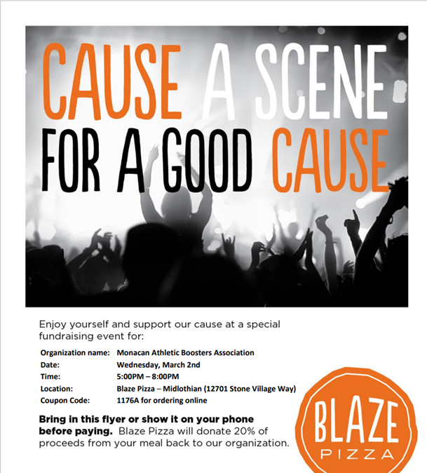 Wednesday, 3/2/22, Blaze Pizza (12701 Stone Village Way) is hosting a fundraiser from 5:00-8:00PM!  Bring in the flyer (or show it on your phone) or use code 1176A when ordering online, and Blaze will donate 20% of the proceeds to the Boosters to support our athletes! Go Chiefs!