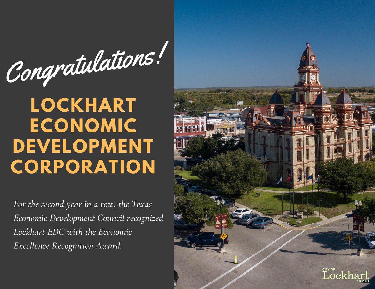 CityLockhartTX's tweet image. The @TexasEDC awarded the @LockhartEdc the 2021 Economic Excellence Recognition Award. This is the second year the LEDC received the distinction. 
Congratulations, LEDC Staff! For the latest economic development activity in #LockhartTX, click here: lockhartedc.com