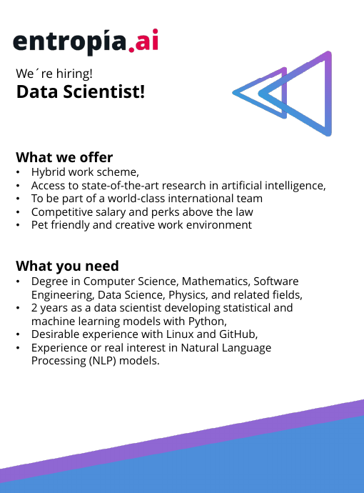 WWCodeCDMX's tweet photo. ¿Te interesan los proyectos de procesamiento de lenguaje natural #NLP e inteligencia artificial #AI? 

Entonces, ¡checa estas #vacantes de #DataScience  que @entropia_ai  nos comparte!

Envía tu CV a mariela@entropia.ai
#techjobs #DeveloperJobs #OfertaLaboral https://t.co/T1izxeKNoU