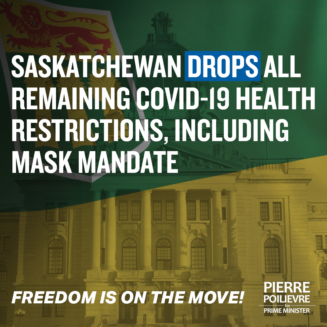 PierrePoilievre's tweet photo. Congratulations to @PremierScottMoe on giving more freedom back to the people of Saskatchewan.

Trudeau should follow and lift all federal mandates.

Sign here if you agree it's time to give people back control of their lives: https://t.co/MLcj8DuAZ0 https://t.co/w7JZwJs2Ji