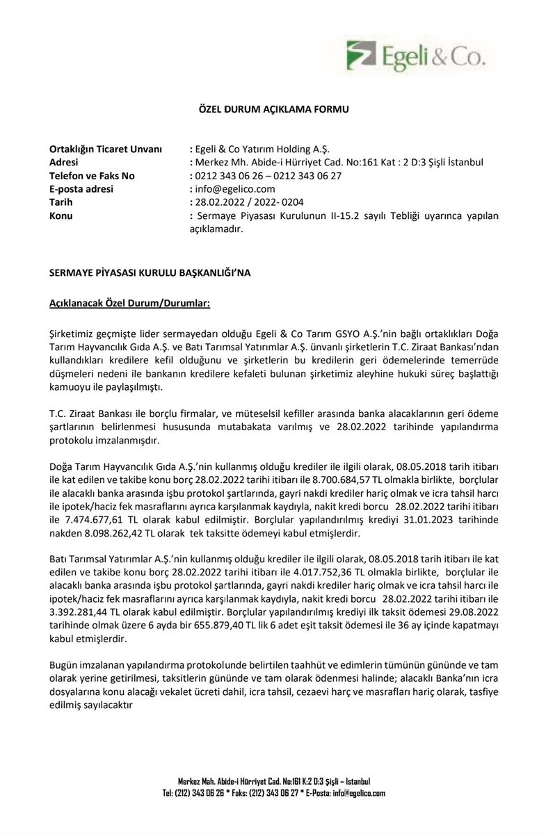 EgeliCo's tweet photo. T.C. Ziraat Bankası ile kredi borçlusu bağlı ortaklıklarımız Doğa Tarım ve Batı Tarımsal, ile müteselsil kefiller EgeliCo Yatırım Holding ve Tan EGELI arasında banka alacaklarının geri ödeme şartlarının belirlenmesi hususunda mutabakata varılmış ...  #egelico #egcyh #egcyo https://t.co/tbGhabamq4
