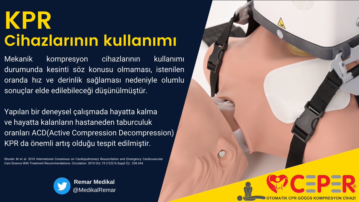 MedikalRemar's tweet image. Göğüs Kompresyonu uygularken &quot;ara verilmeksizin masaja devam edilmesi&quot; büyük önem taşır. Bu süreçte özellikle az kurtarıcının olduğu durumlarda mekanik kompresyon cihazları sağ kalım ve erken taburculuk oranlarına pozitif katkı sağlayabilir. #CPR #chestcompression #BLS #ATLS #ALS