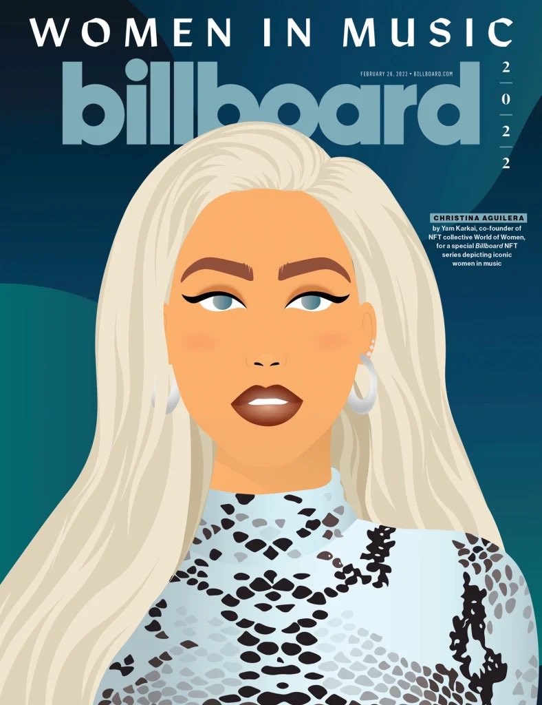 BR3AKING: Billboard is partnering with World of Women on a new #NFT collection launching in May.

Christina Aguilera strikes the cover of the magazine in #Web3 form