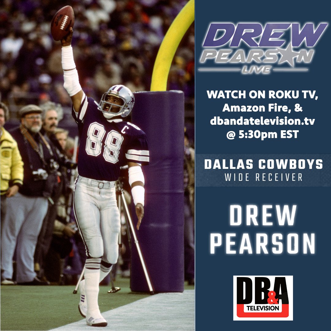 Drew Pearson retired from the NFL in 1983, and has since worked extensively as a sports broadcaster. Pearson is the CEO of Drew Pearson Companies who manufacture licensed headgear for sports. Tune into the Drew Pearson Show at its new time 5:30pm EST on Saturday. https://t.co/4kUqXgPR2a