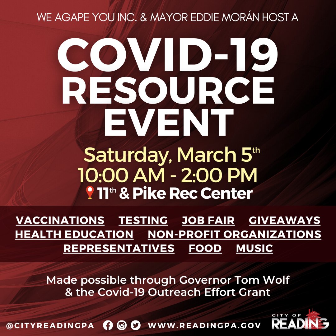 Mayor Moran and We Agape You are hosting a #Covid19 Resource Event that is open to everyone!
📅 Saturday, March 5th
🕒 10:00 AM - 2:00 PM
📍 11th &amp; Pike Rec Center
This event will distribute free Covid testing and vaccinations of all doses.