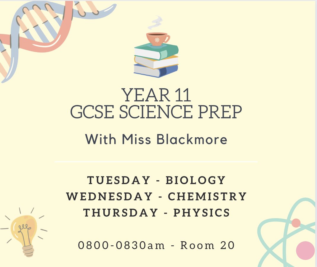 STARTING THIS WEDNESDAY 🎉☕️

Miss Blackmore will be covering the content the exam board has told us will be coming up in your Science GCSE exams this year ⭐️ 

Tuesday, Wednesday and Thursday every week at 0800am 💪🏻 

LETS DO THIS YEAR 11 😍