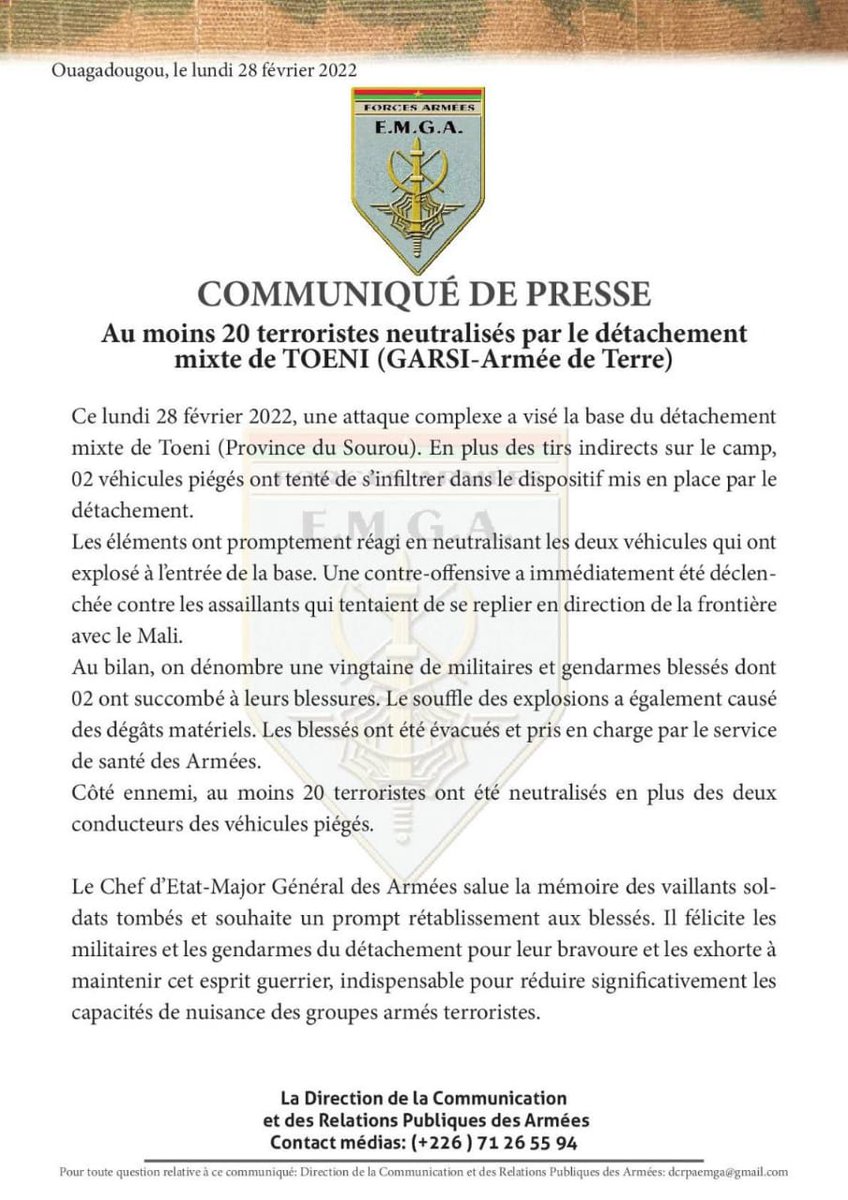 Sahel_Security's tweet photo. #Burkina #Boucle_Mouhoun #Soutou #Toeni : Au moins 20 terroristes neutralisés suite à l'attaque complexe (2 vehicules piégés utilisés par les assaillants lors de l'assaut) selon le communiqué de l'Etat Major Général des Armées. https://t.co/jMqzhgfwt8