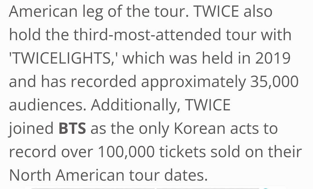 purpletwts's tweet photo. TWICE is only the 2nd Korean act ever to sell over 100,000 tickets in US with a 7 show concert tour across 5 arenas. This by supposedly a "not popular in the west" girl group during an era with covid restrictions. I think the fandom is really not hyping this enough as it should. https://t.co/8hOMwO41gf