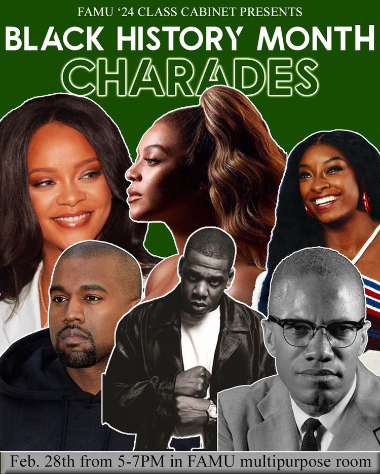 FAMU ‘24 Class Cabinet presents BLACK HISTORY MONTH CHARADES❤️💛💚Meet us in the FAMU Multipurpose Room, TODAY February 28th from 5-7 pm to test your knowledge on prominent Black People in history that have paved they way for us.🐍 
#famucab24 #famu24 #famu25 #famu23 #famu22 #bhm