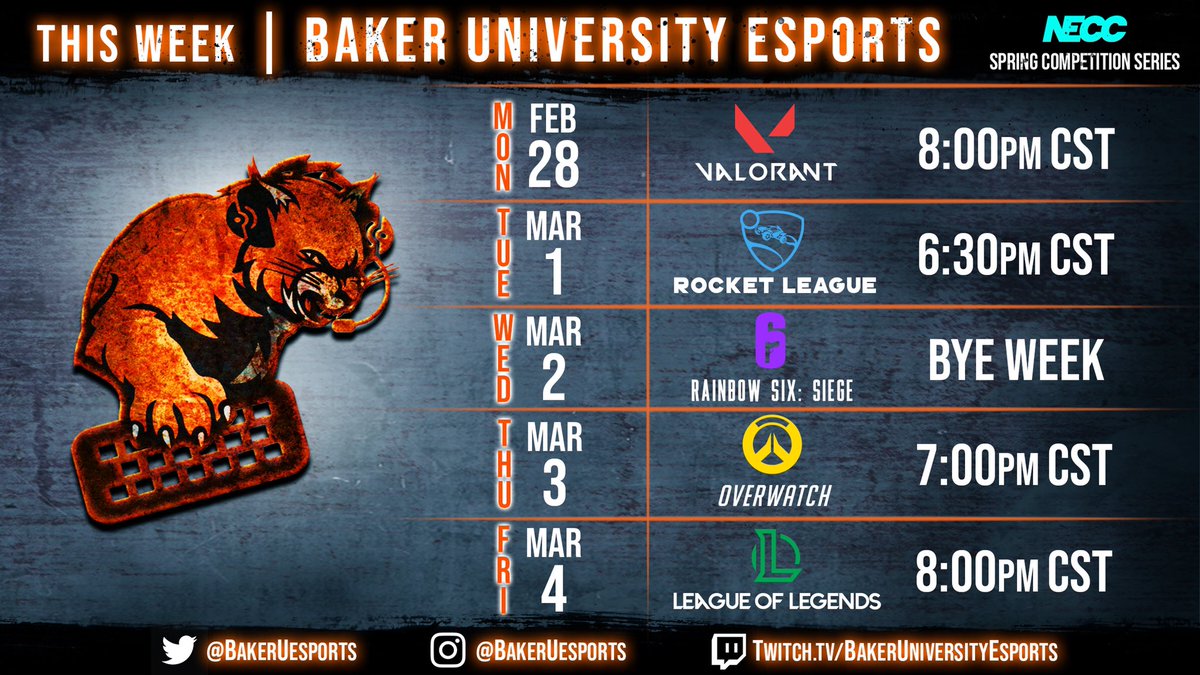THIS WEEK in Wildcats Esports:

All our teams are playing the next round in the <a href="/neccgames/">NECC</a> Spring competition series except R6, who has a bye week! Tune in to watch live!

📺: Twitch.tv/BakerUniversit…
